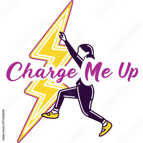 Energetic lightning bolt graphic with neon charge me up text perfect for technology power or motivational themes