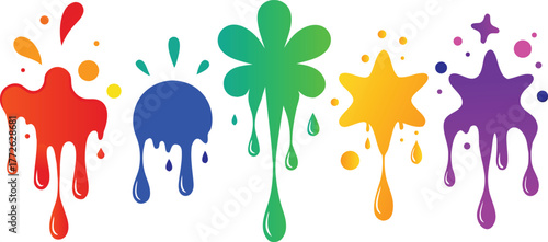 Colorful drips of paint shaped like stars and flowers for festive designs