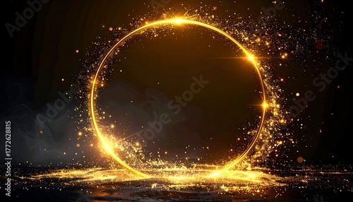Glowing golden circle with sparkling light effects on a textured dark background. Wisps of smoke add mystery