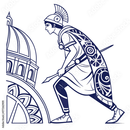 A stylized illustration of a roman soldier in armor holding a spear and shield standing next to a chariot wheel and a domed building