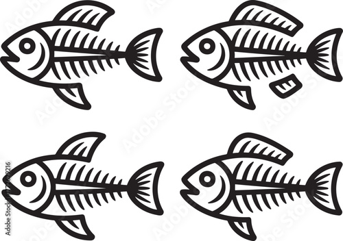 Set of Fish Skeleton Outline vector illustration isolated On Transparent Background