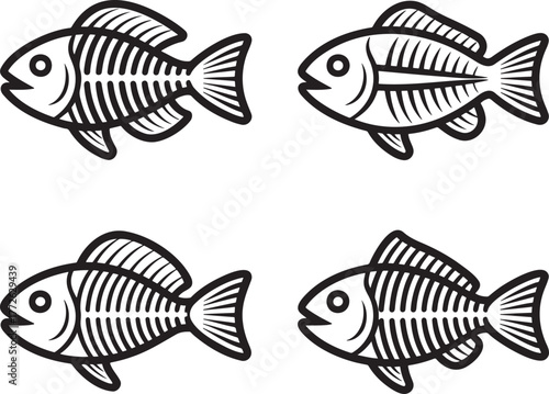 Set of Fish Skeleton Outline vector illustration isolated On Transparent Background