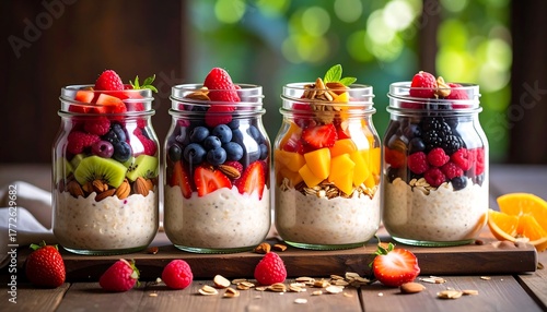 Four mason jars brimming with a layered breakfast of oats, nuts, and diverse fruits. A wooden board and backdrop complete the healthy and vibrant presentation