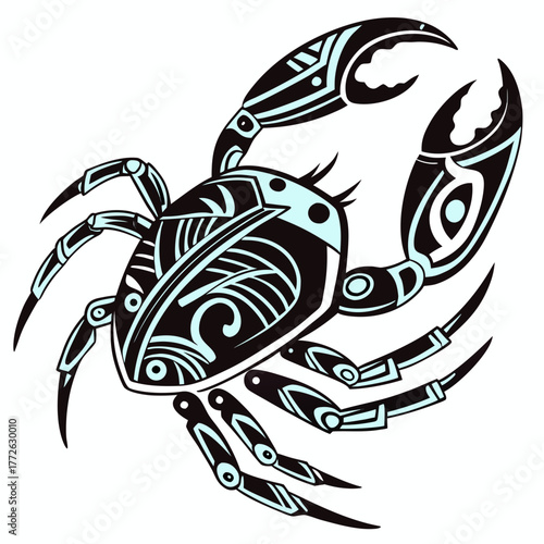 Stylized black and light blue tribal crab illustration with intricate patterns and sharp claws on a white background