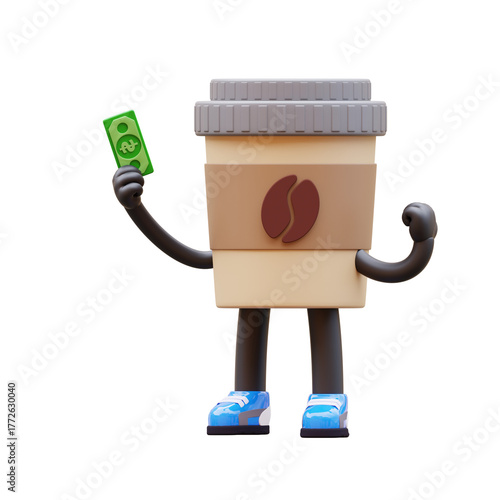 Coffee Cup Character Holding Money Symbolizing Wealth Success Suitable For Business Financial And Marketing Content.