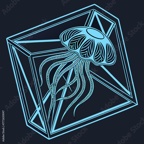Stylized blue jellyfish with intricate tentacles floating inside a geometric crystalline structure against a dark background