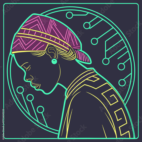 Stylized illustration of a young woman wearing a patterned headscarf and traditional clothing with a futuristic circuit board design in the background