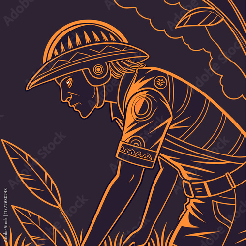 Stylized illustration of an explorer or adventurer wearing a wide brimmed hat and patterned clothing examining plants in a jungle setting with an orange outline against a dark background