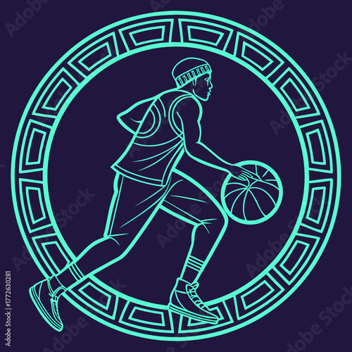 Stylized outline of a basketball player dribbling a ball within a decorative circular frame against a dark background conveying motion and athleticism
