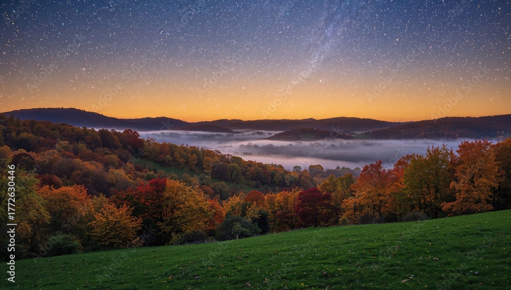 Fototapeta premium Vibrant autumn morning shrouded in fog, ideal for outdoor reflection