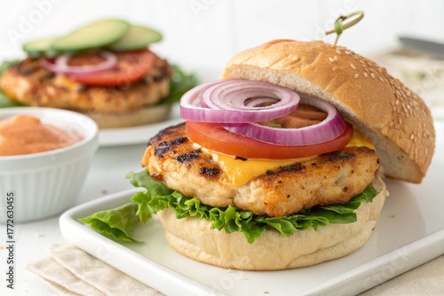 Grill chicken burger on white background