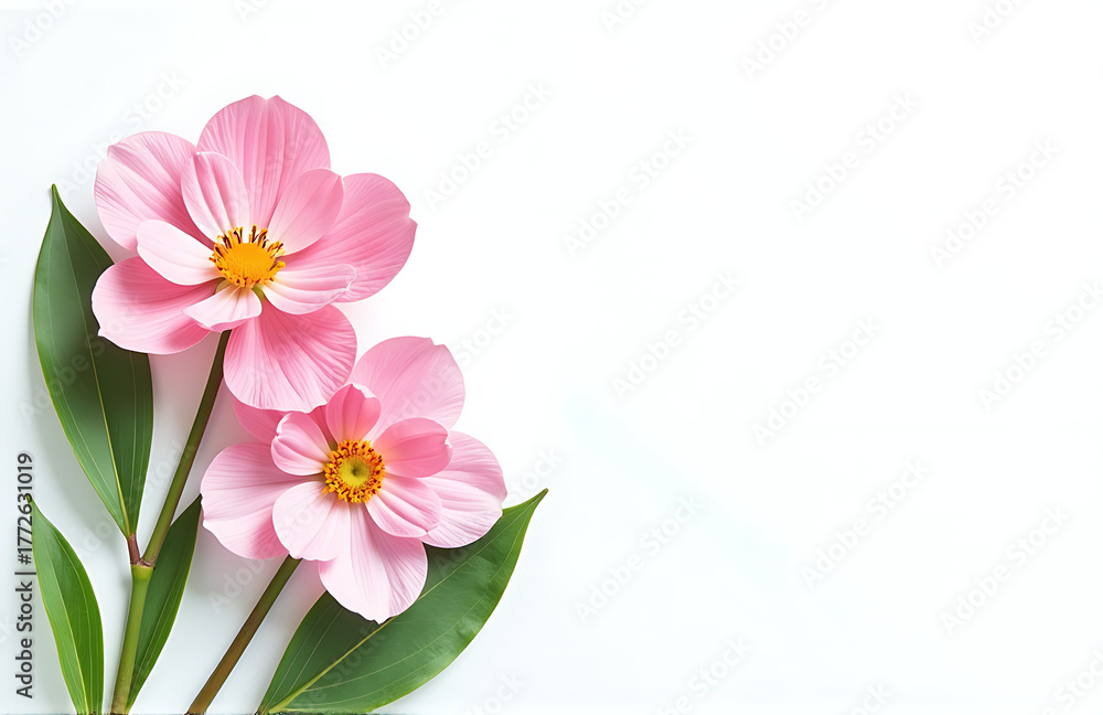 Obraz premium delicate pink flower arrangement crisp white background surrounded fresh greenery subtle watercolor texture set