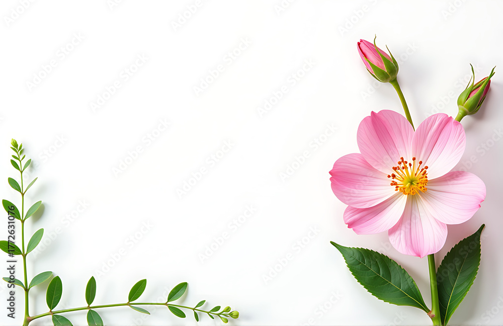 Fototapeta premium delicate pink flower arrangement crisp white background surrounded fresh greenery subtle watercolor texture set