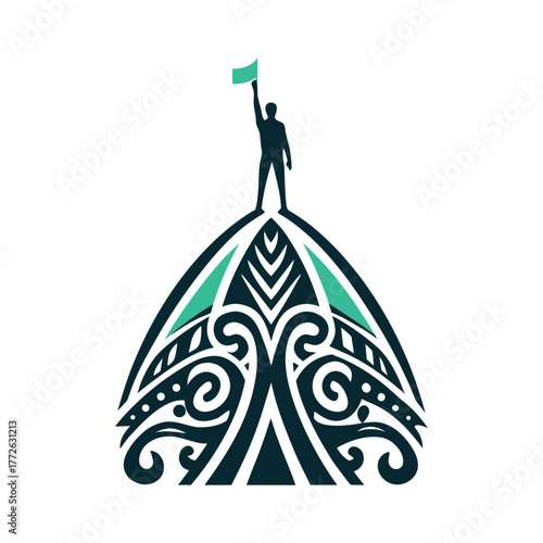 Mountain Climber Silhouette with Tribal Summit Design A solid olive green silhouette of a mountain climber reaching a summit