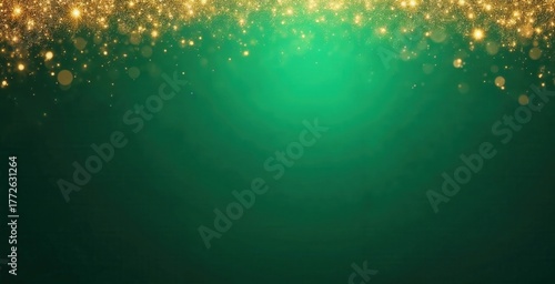 Abstract green background with falling gold glitter and bokeh lights. Festive holiday design for Christmas or special events. Elegant wallpaper with copy space