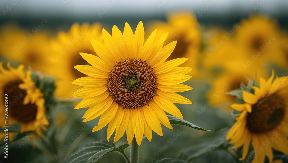 Naklejka premium Bright yellow sunflowers captured in close-up detail, highlighting the vibrant colors and textures