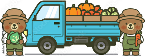 収穫したキャベツとニンジンを持つ農家の熊さん2匹と軽トラックのイラスト（農作業・収穫・かわいい動物）