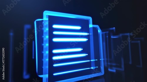 Glowing blue folder icons with document lines appear in a futuristic digital environment