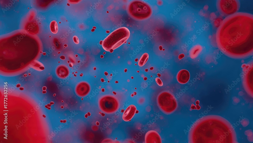 Naklejka premium Close-up view of red blood cell clusters against a blue backdrop. A medical and scientific abstraction illustrating micro processes and health conditions within the body.