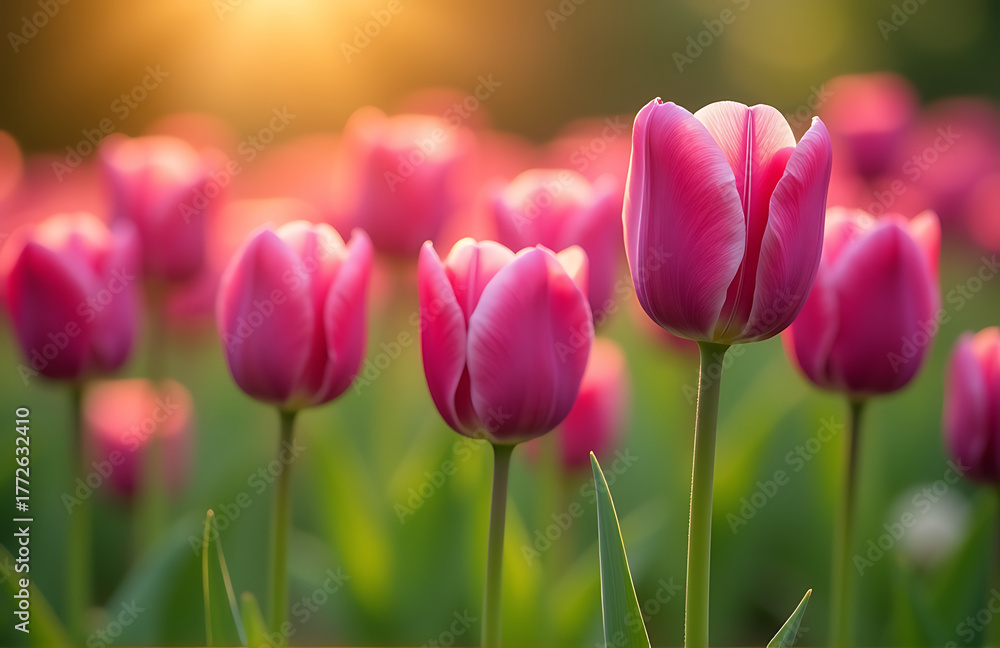 Obraz premium delicate field vibrant purple tulips full bloom bathed warm golden sunlight soft focus surrounding