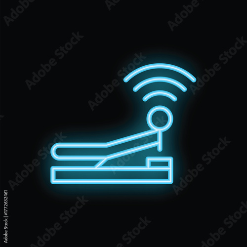 Neon icon of a stapler connecting to wifi, emitting radio waves, on a black background