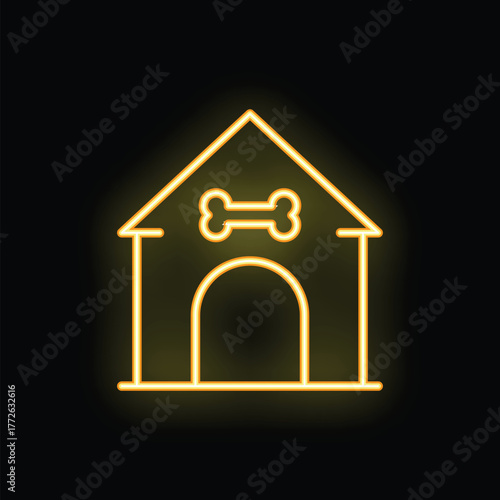 Bright yellow neon dog house sign with bone symbol glowing on black background