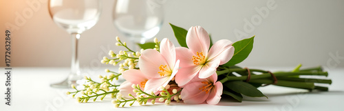 delicate bouquet flowers spills across minimalist table setting surrounded wine glasses soft warm