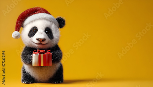 Wallpaper Mural Adorable panda wearing a Santa hat, holding a colorful gift against a bright yellow background, perfect for holidays. Torontodigital.ca