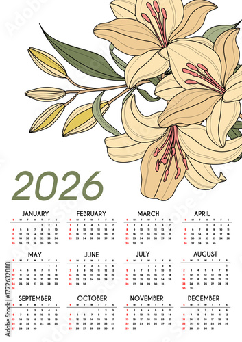 Floral calendar template for 2026. Vertical design with Flower theme vector. Vector illustration page template printable wall. Week starts on Sunday.