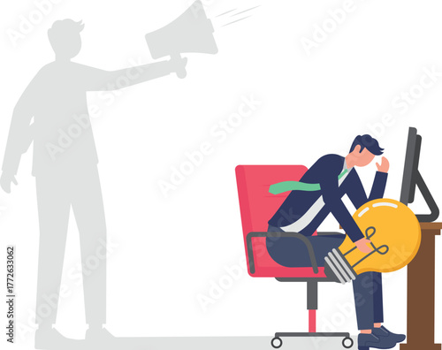 illustration of lacking confidence in his idea and needing motivation
