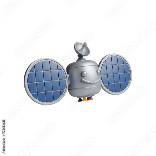 3d illustration of cute cartoon satellite with solar panels isolated on transparent background, 3d rendering transparent background png