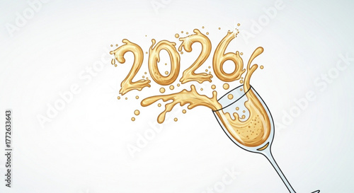 Champagne glass overflowing with golden liquid celebrating New Year, Christmas  