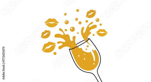 Champagne glass splashing with golden liquid and kiss marks concept of New Year, Christmas  