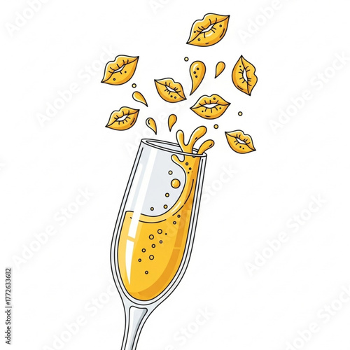 Champagne glass overflowing with yellow liquid and kissing lips  