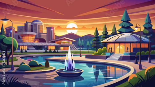 Very beautiful Riverstone public park at sunset in Coeur d'Alene, Idaho, USA, with glowing sky, calm lake, water fountain, modern buildings, and inviting restaurants reflecting on the water.