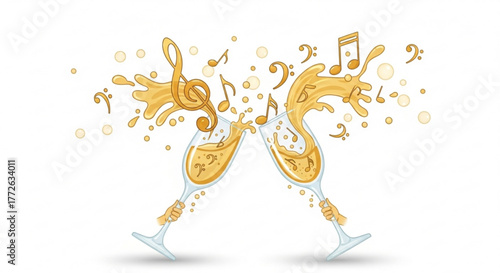 Champagne glasses clinking with musical notes and splashes of liquid, Concept of New Year, Christmas  