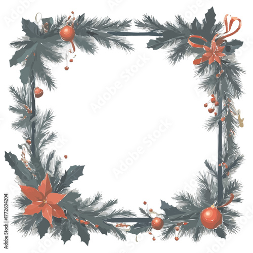 christmas frame with fir branches and berries