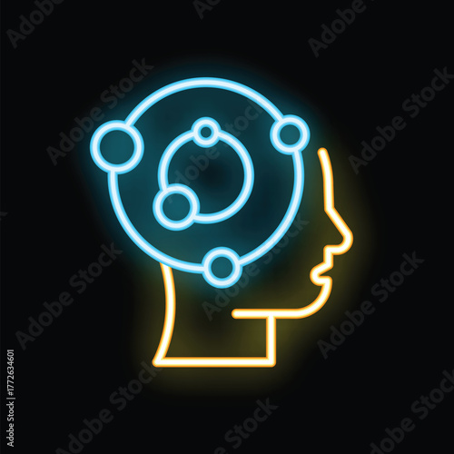 Neon sign illustrating the concept of mental energy with an atom over a human head