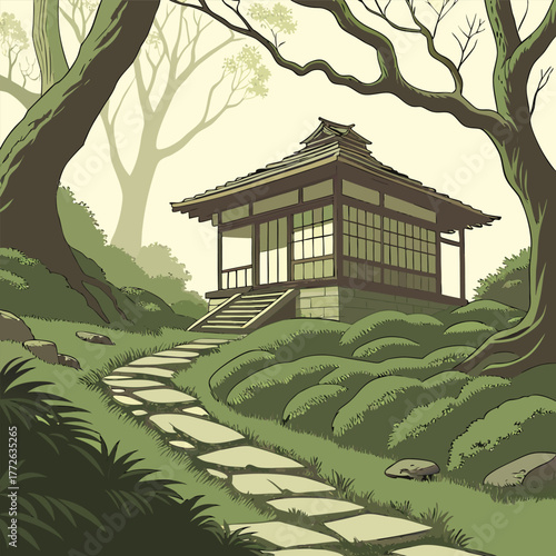 Tranquil traditional japanese tea house nestled in a lush moss covered ancient forest evoking serenity and natural beauty