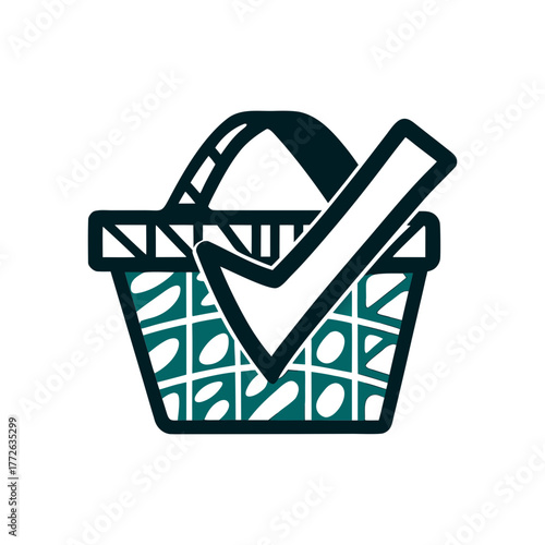 Shopping Basket with Checkmark Icon A solid red shopping list item appears as a checkmark