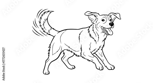 Vector of a playful dog wagging its tail, minimal line art, isolated on white background