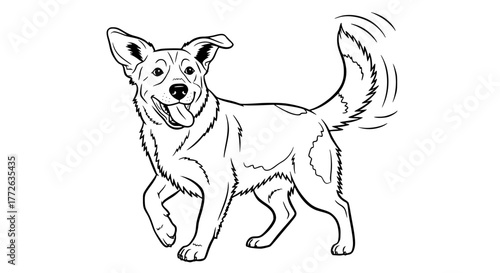 Vector of a playful dog wagging its tail, minimal line art, isolated on white background