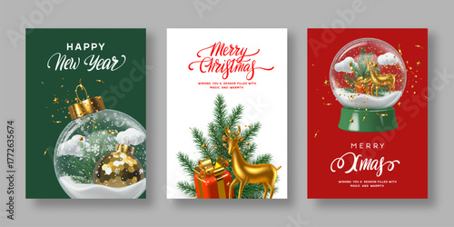 Elegant Christmas and New Year greeting card set with reindeer, snow globe, pine branches, and golden decorations in red, green, and white tones. Festive 3D design with luxury holiday style. Vector