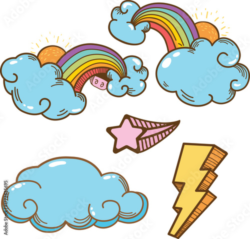 cute rainbow, clouds and thunder cartoon doodle hand drawn