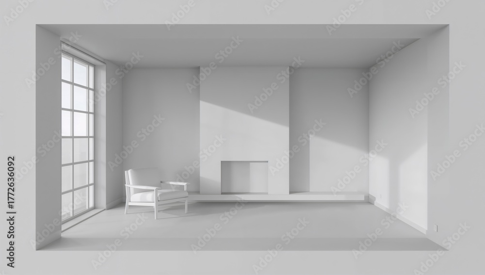 Fototapeta premium Minimalist living area featuring large windows, a fireplace, gray walls, and a white armchair mockup