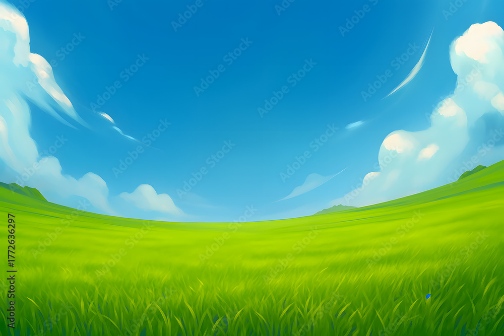 Obraz premium An endless green field of grass under a blue sky with clouds. A wide, spacious summer landscape. 2D illustration.