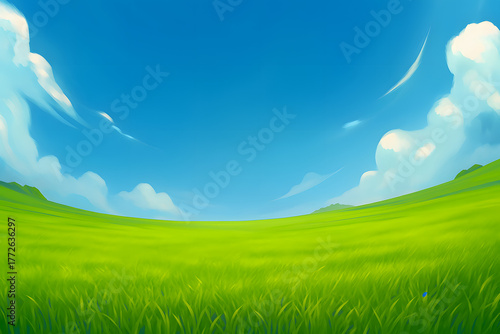 Wallpaper Mural An endless green field of grass under a blue sky with clouds. A wide, spacious summer landscape. 2D illustration. Torontodigital.ca