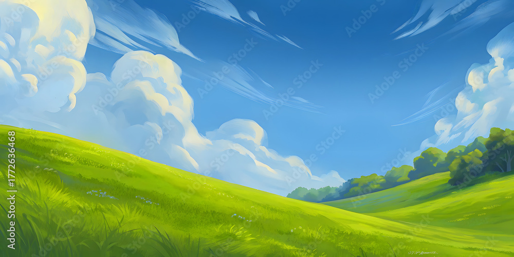 Fototapeta premium Endless Green Field Under Blue Sky with Clouds. Wide Spacious Summer Landscape. 2D Illustration.