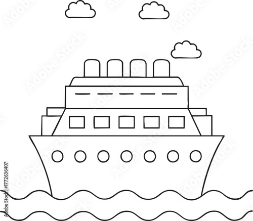 Ferry boat sailing on water line drawing illustration representing nautical travel design