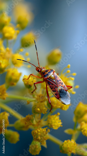 Wallpaper Mural Colorful bug perched on yellow flower cluster, Close-up of red and black insect on blooming plant Torontodigital.ca